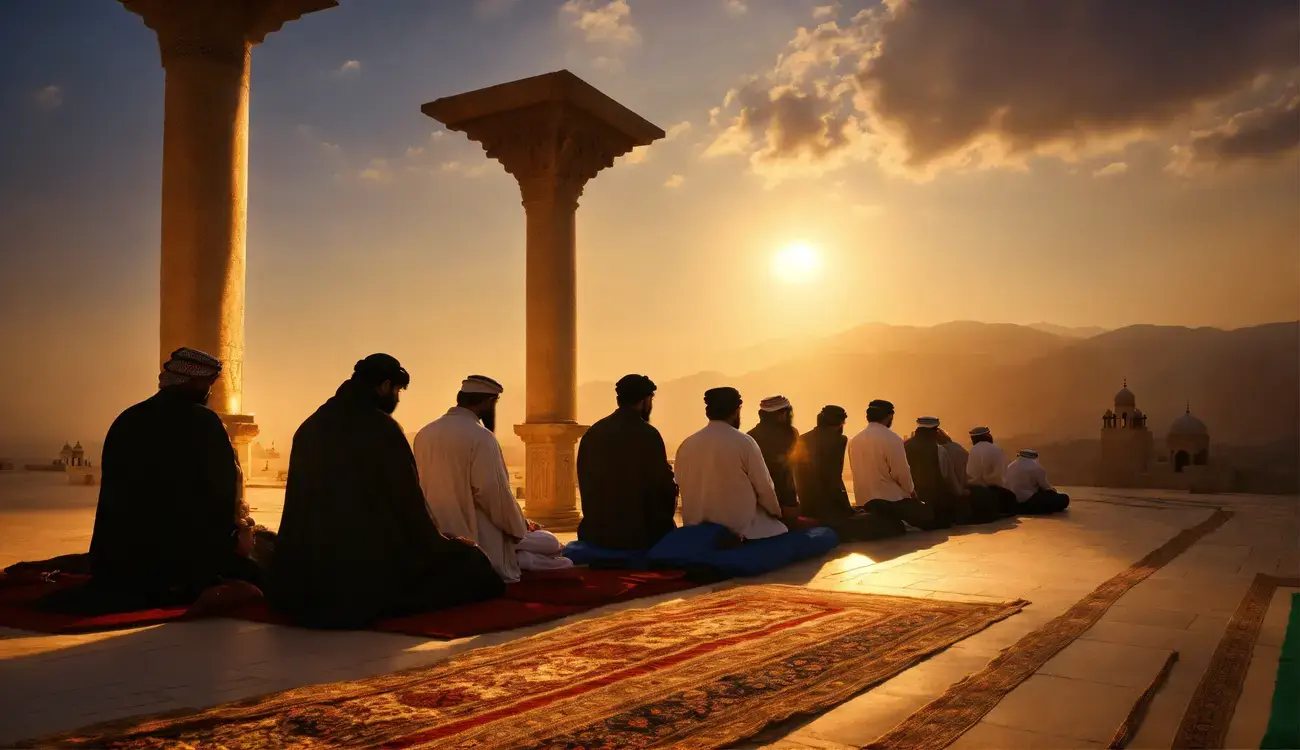 Muslim men praying together outdoors at sunrise.