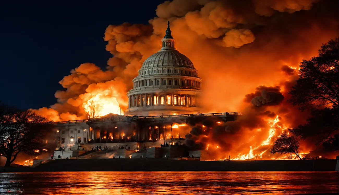 The United States Capital Building is on fire.